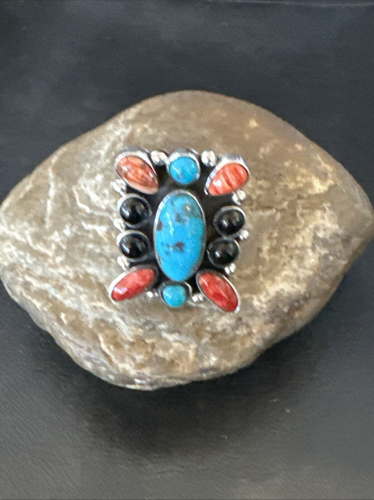 Cluster Blue Turquoise Spiny Oyster Onyx Sterling Silver Ring Size 10 18559