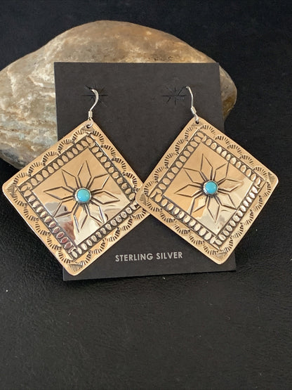 Blue Turquoise Navajo Sterling Silver Earrings 2.25" 12057