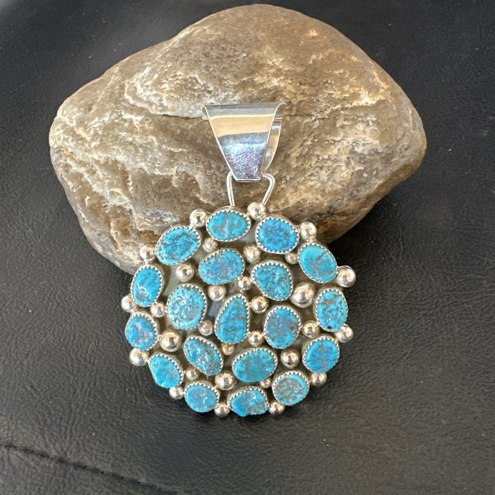 Cluster Kingman Turquoise Navajo Sterling Silver Necklace Pendant 2.75” 19087