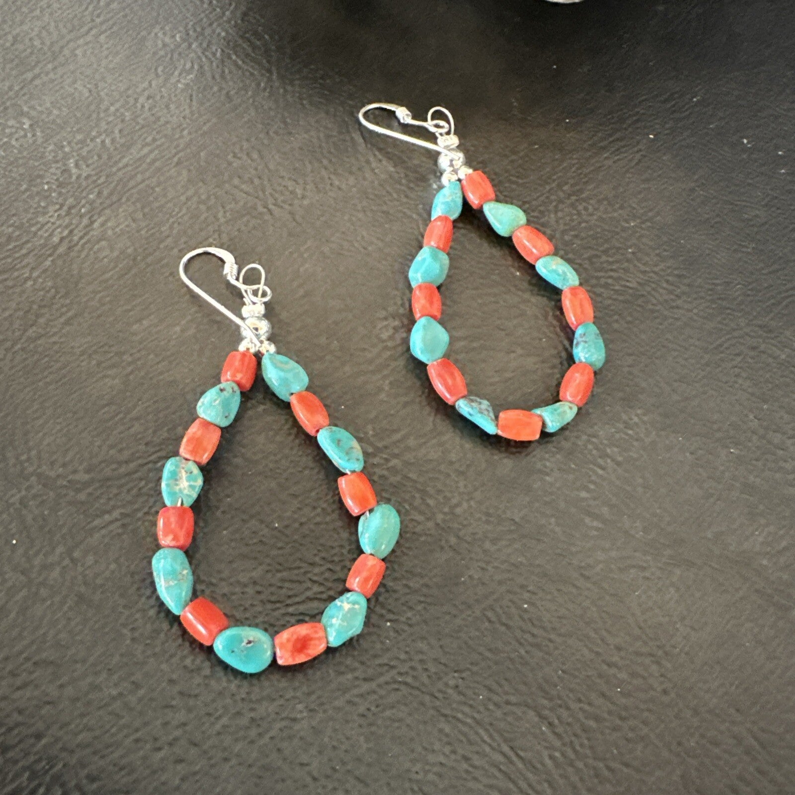 Blue Turquoise Coral Navajo Sterling Silver Earrings 2” 18834