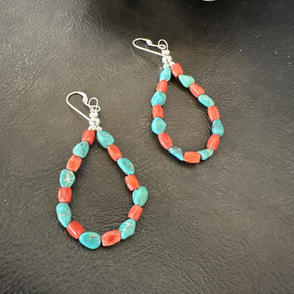 Blue Turquoise Coral Navajo Sterling Silver Earrings 2” 18834
