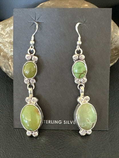 Native Navajo Green Turquoise Sterling Silver Dangle Earrings 2” 17698