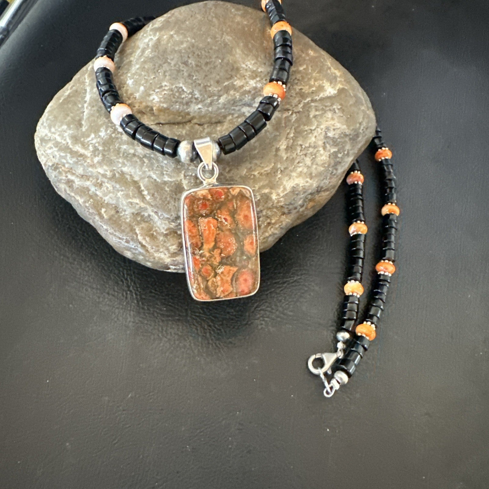 Orange Spiny Black Onyx Navajo Sterling Silver Pendant Necklace 20” 19637