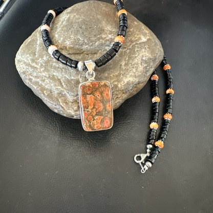 Orange Spiny Black Onyx Navajo Sterling Silver Pendant Necklace 20” 19637