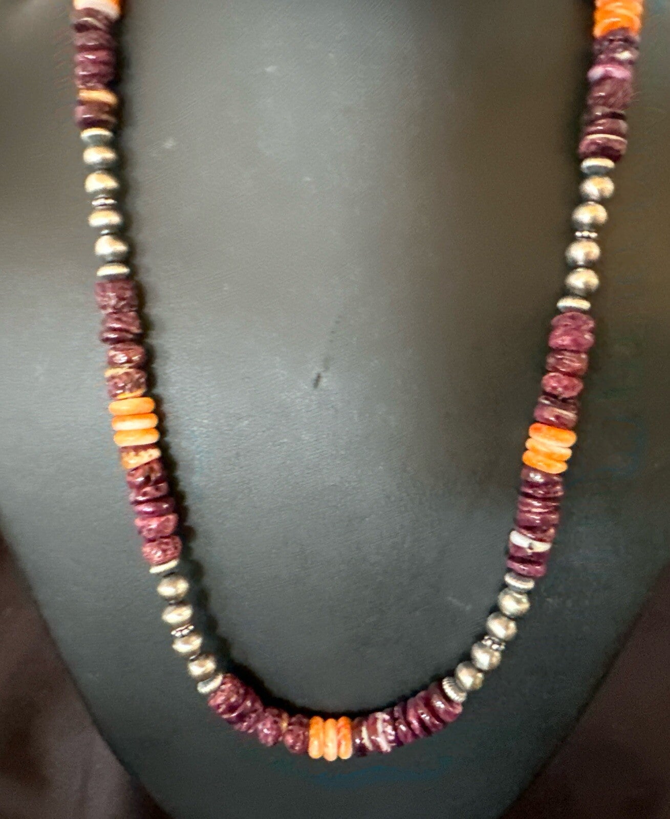 Navajo Sterling Necklace Purple Orange Spiny Oyster  20" 17702