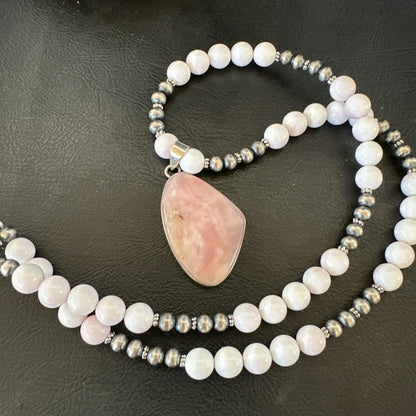 Southwestern Sterling Silver Pink Queen Conch Bead Necklace Pendant 20" 19556