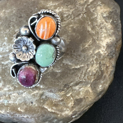 Multicolor Ring Turquoise Spiny Navajo Sterling Silver Cluster Size 9 19173