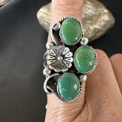 Yazzie Ring Green Turquoise Navajo Sterling Silver Cluster Size 8.5 19234