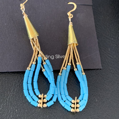 Blue Turquoise Liquid Gold Filled Tubes Dangle Heishi Earrings 2" 13030