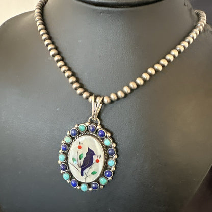 Blue Turquoise Black Onyx Inlay Pendant Sterling Silver Necklace 20�17926