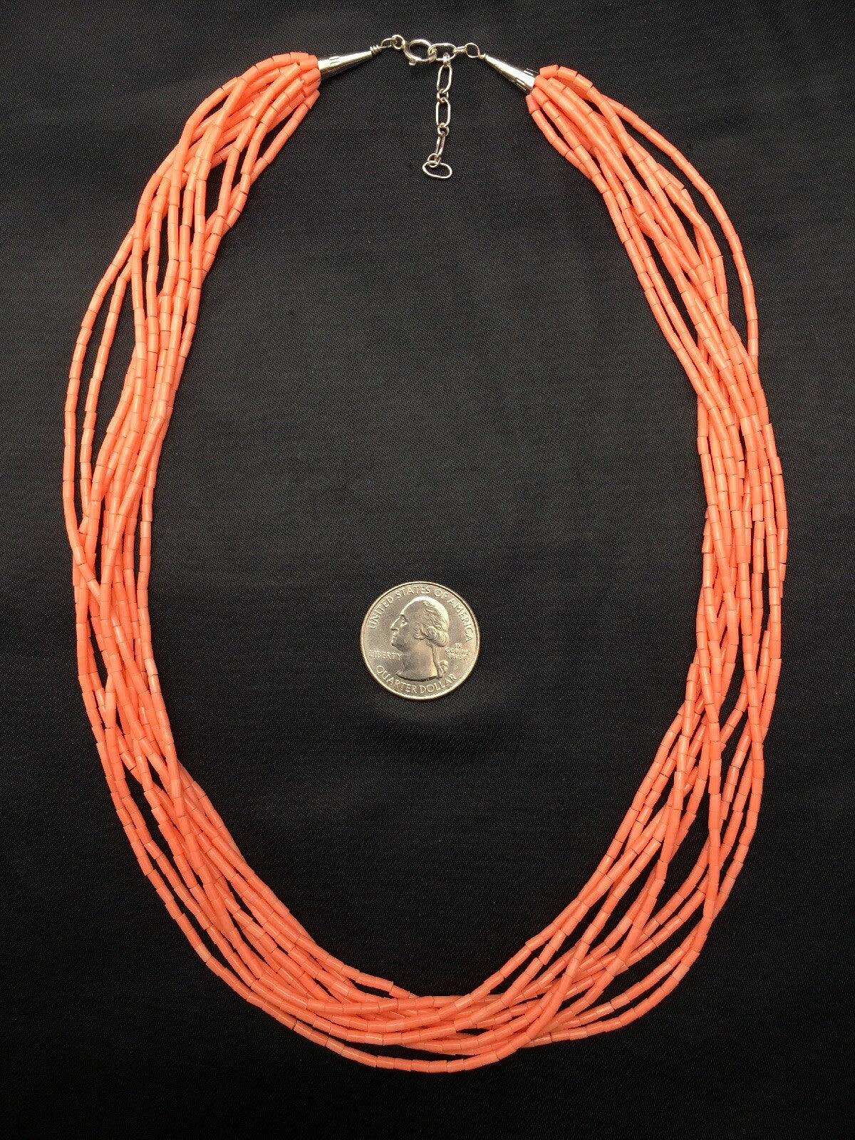 Native American Pink Coral Navajo Sterling Silver Necklace 10 Strand 4388