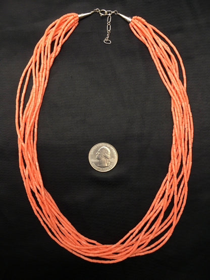 Native American Pink Coral Navajo Sterling Silver Necklace 10 Strand 4388