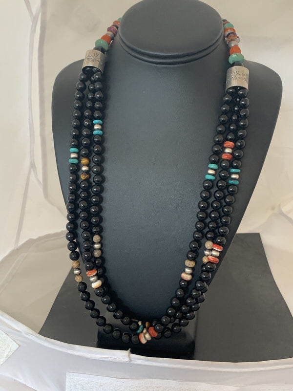 Turquoise Onyx Spiny Picture Jasper Navajo Necklace | Sterling Silver | Authentic Native American Handmade | 00380