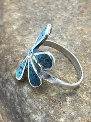Navajo Blue Turquoise Flower Ring 6.75 | Sterling Silver | Authentic Native American Handmade | 03076