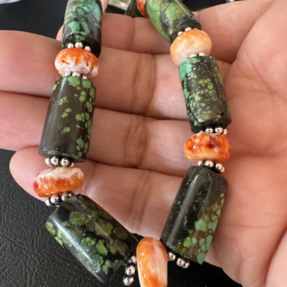 Green Turquoise Spiny Oyster Native Navajo Pearls Sterling Silver Necklace 14985