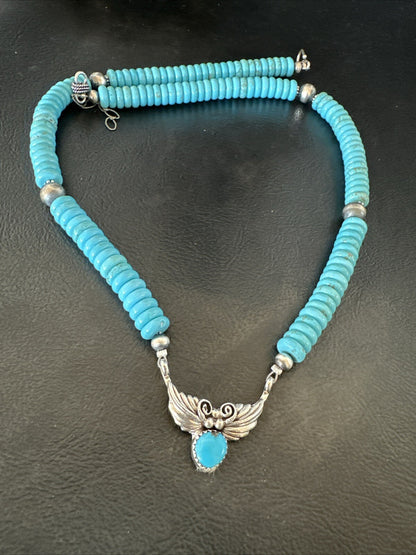 WoMens Blue Kingman Turquoise Pendant Navajo Sterling Silver Necklace 20” 18167