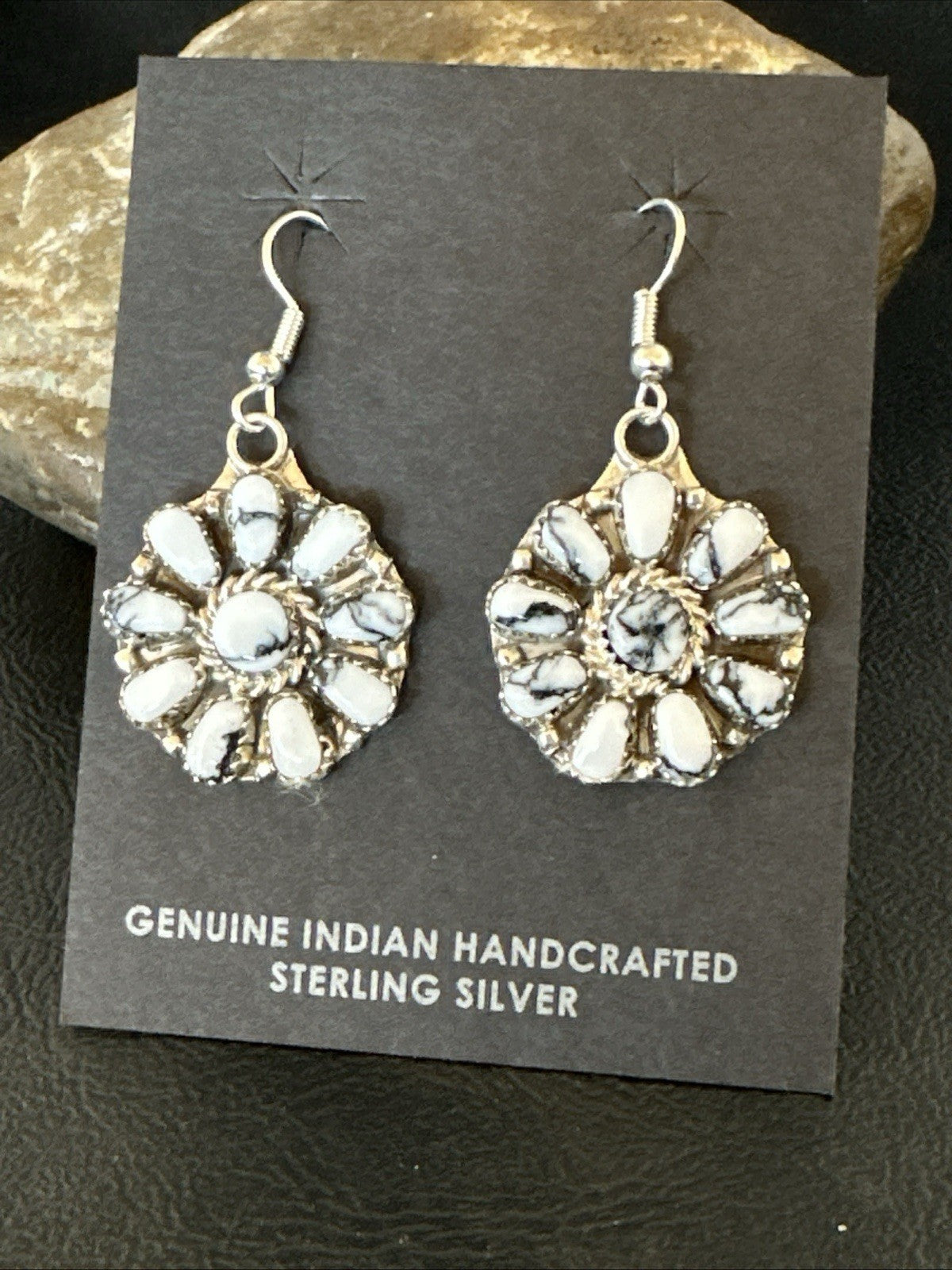 Womens Cluster White Buffalo Navajo Sterling Silver Dangle Earrings 19092