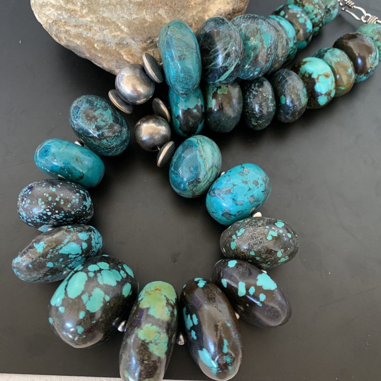Blue Turquoise Chunky Graduated Navajo Sterling Silver Beads Necklace 11381