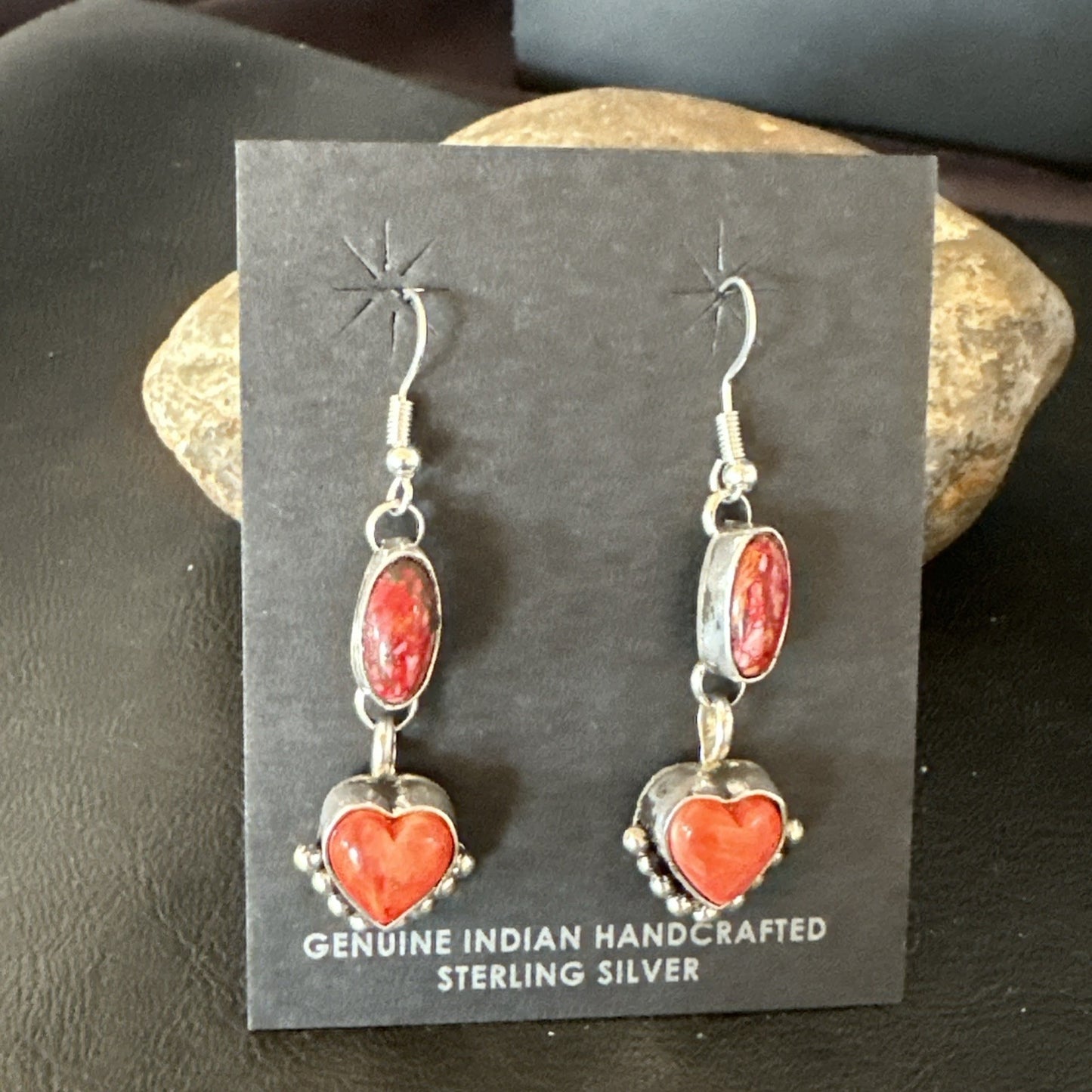 Yazzie Red Heart Spiny Oyster Navajo Sterling Silver Dangle Earrings 19797