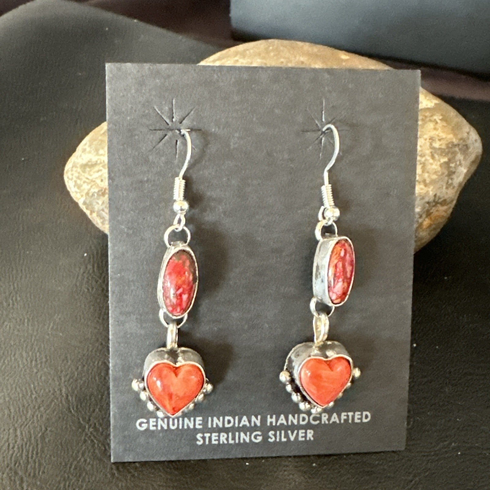 Yazzie Red Heart Spiny Oyster Navajo Sterling Silver Dangle Earrings 19797