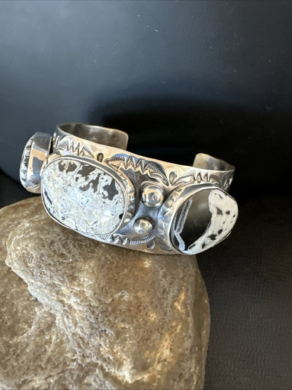 Mens White Buffalo Turquoise Navajo Sterling Silver Cuff Bracelet 7.5" 19428