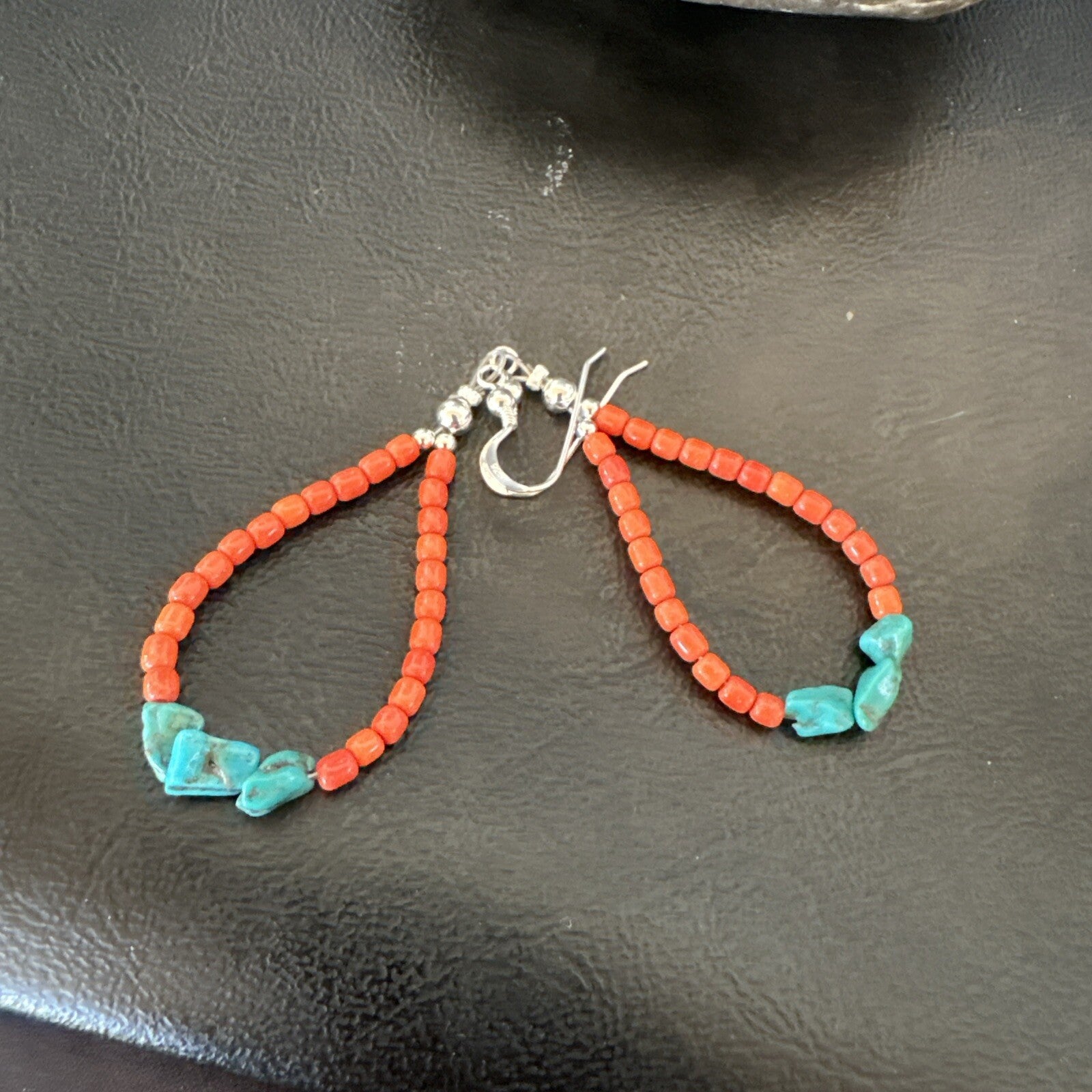 Blue Turquoise Coral Navajo Sterling Silver Earrings 2” 18833