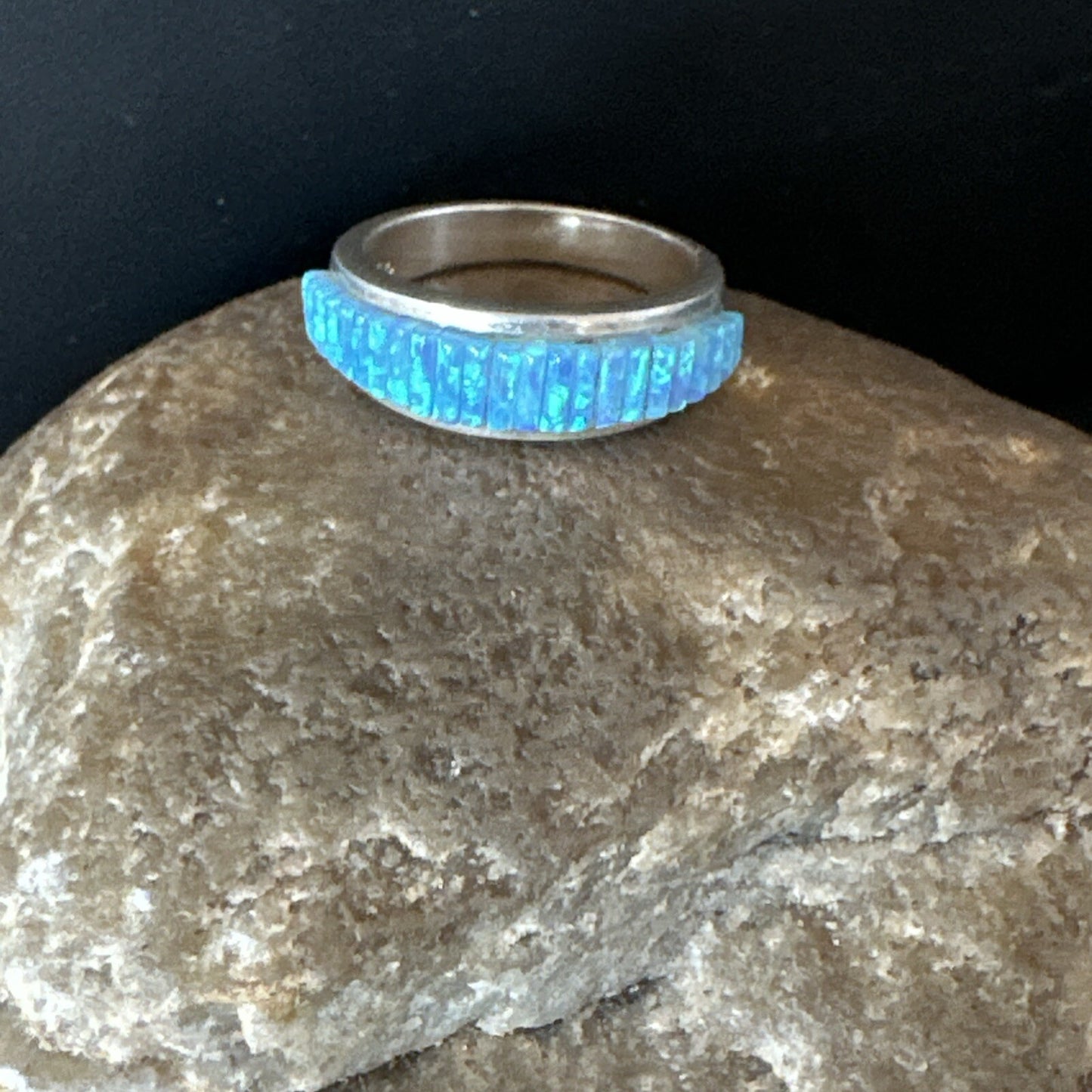 Blue Opal Navajo Sterling Silver Band Inlay Ring Size7 18800