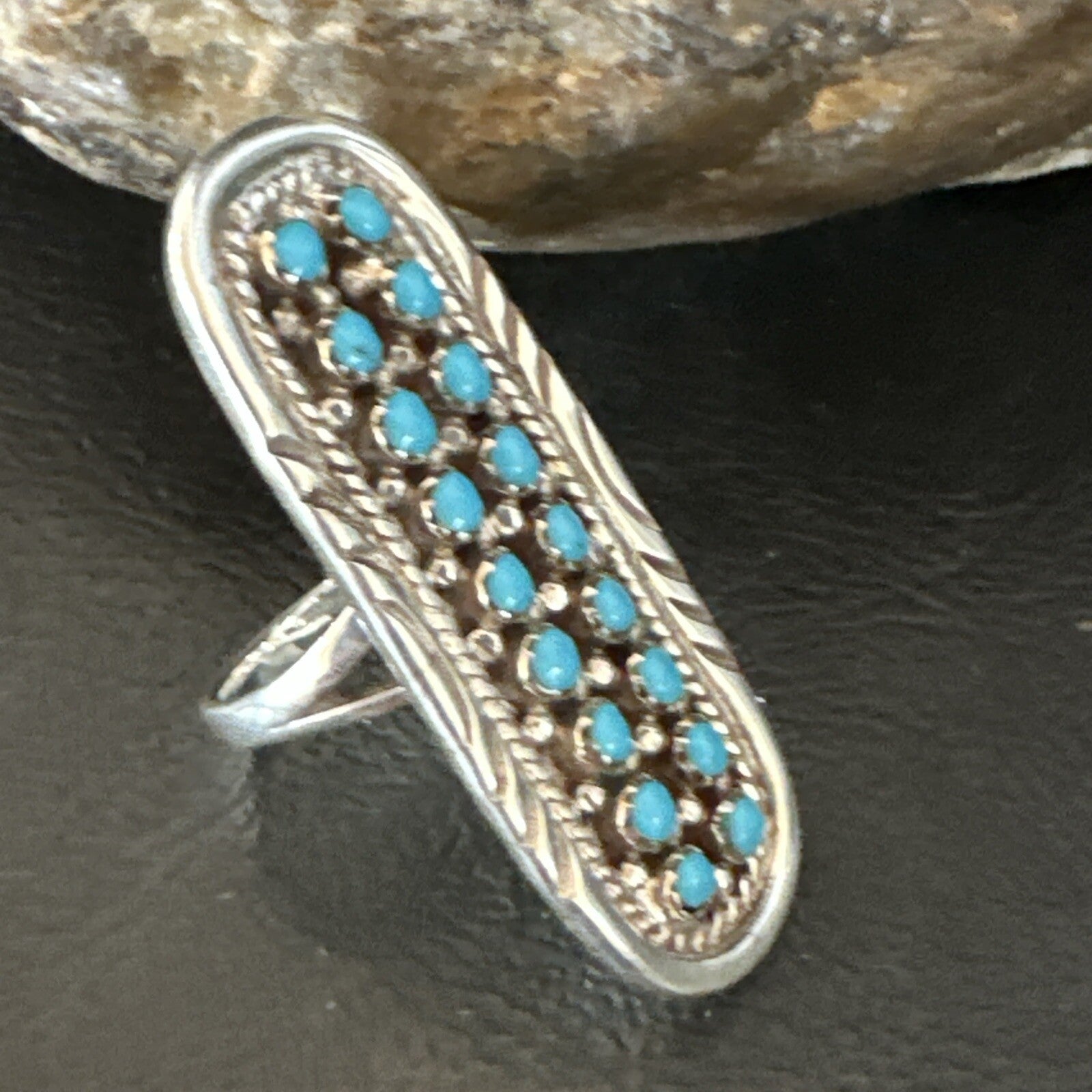 Blue Turquoise Zuni Sterling Silver Petite Point Cluster Ring Size 9 18790