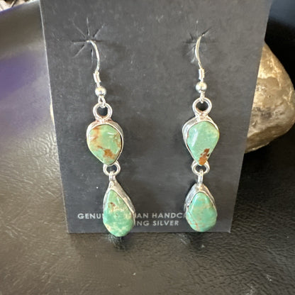 Green Royston Turquoise Navajo Sterling Silver Dangle Earrings 19405
