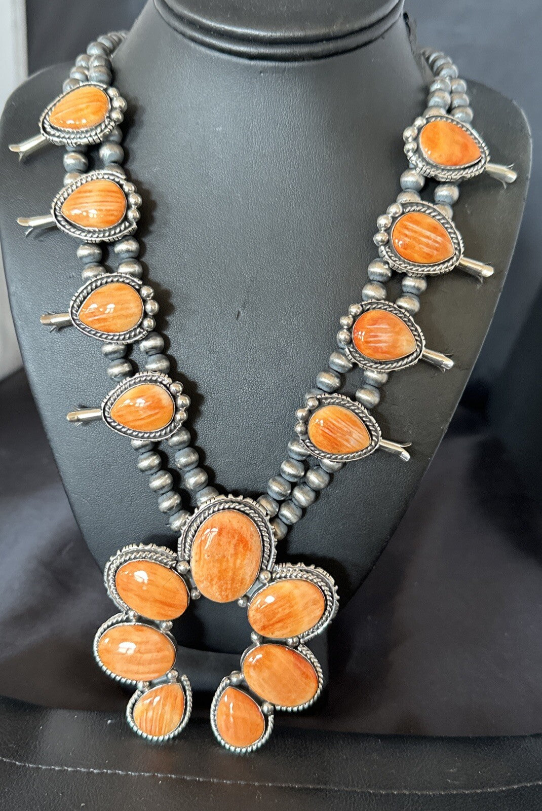 XL Orange Spiny Oyster Sterling Silver Squash Blossom Necklace 18134