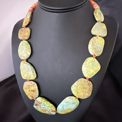 Rare Green Turquoise Orange Spiny Navajo Sterling Silver Necklace 19317