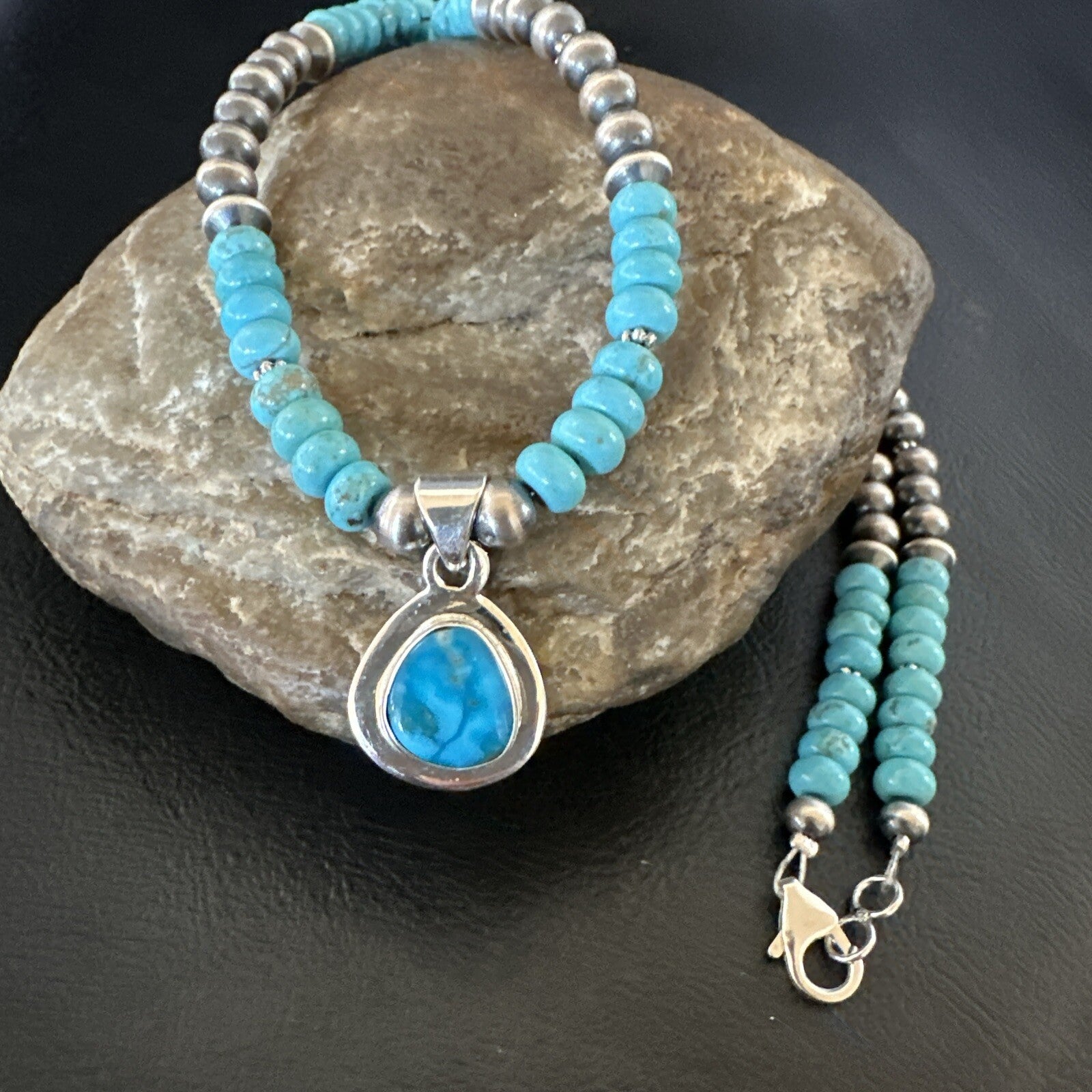 WoMens Blue Kingman Turquoise Pendant Navajo Sterling Silver Necklace 21" 17978