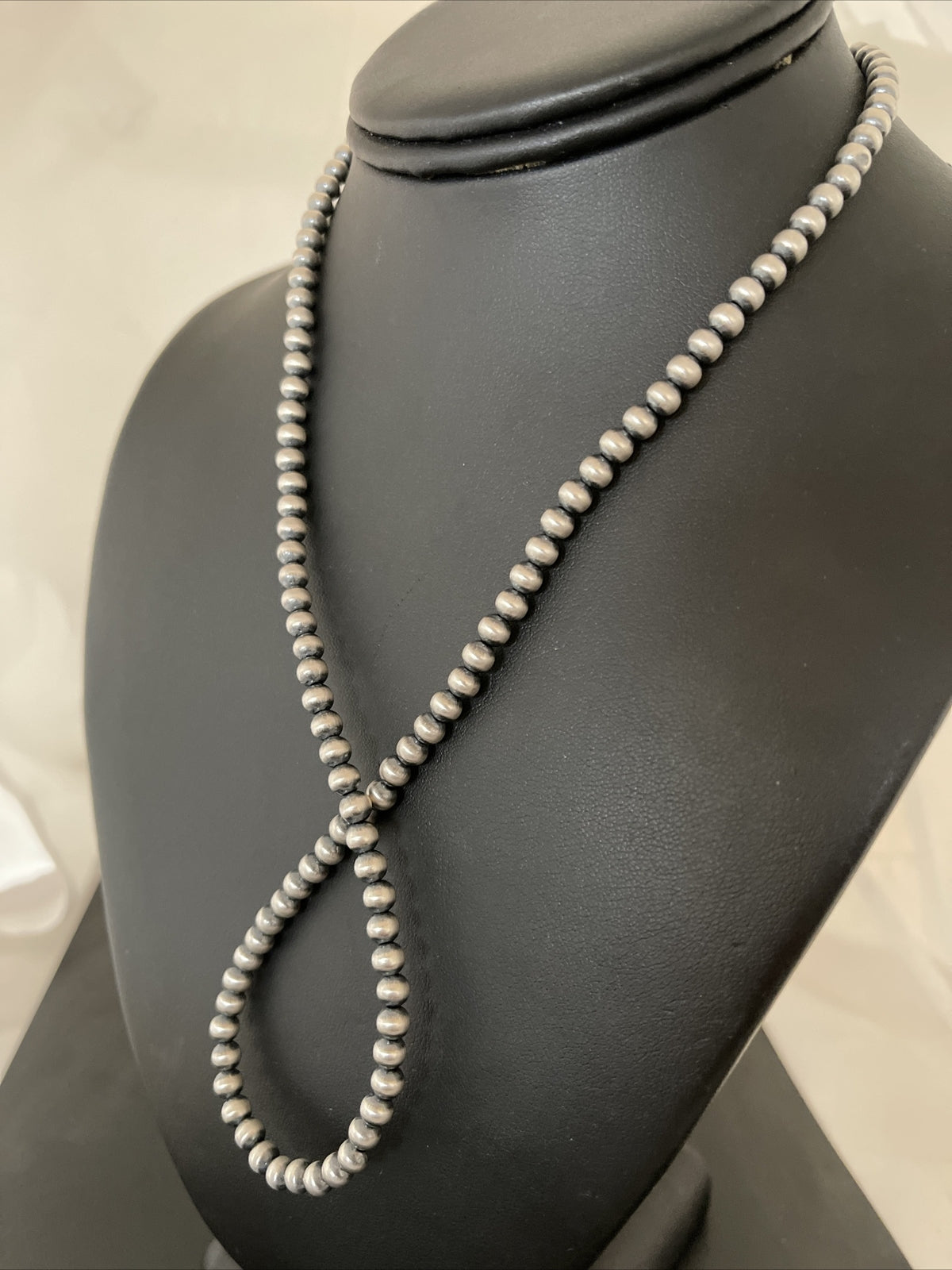 Native American 5mm Sterling Silver Beads Navajo 21" Hook & Eye Cone Necklace