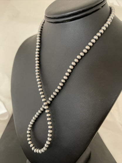 Native American 5mm Sterling Silver Beads Navajo 21" Hook & Eye Cone Necklace