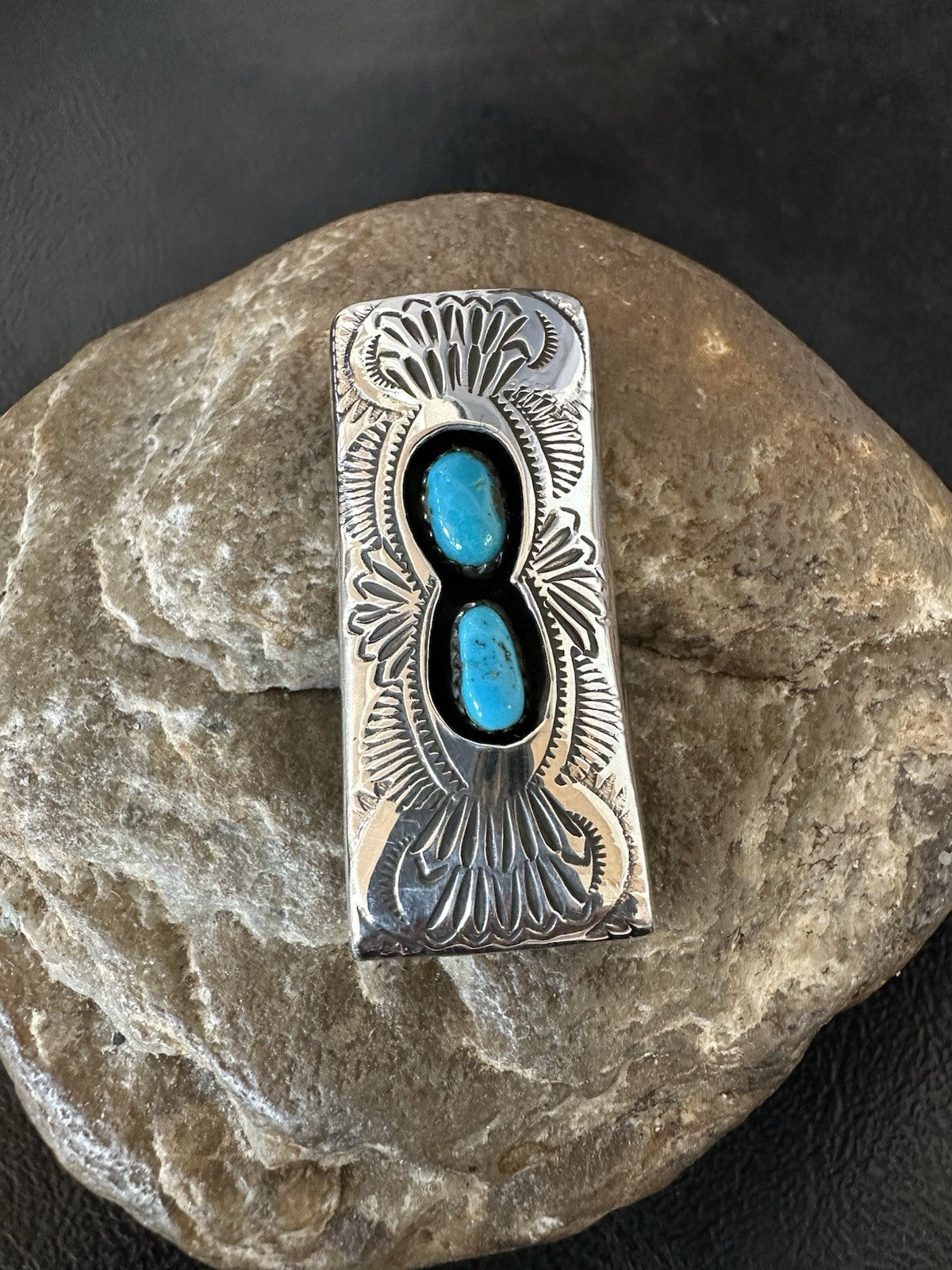 Mens Blue Turquoise Navajo Stainless Stamped Silver Money Clip 19366