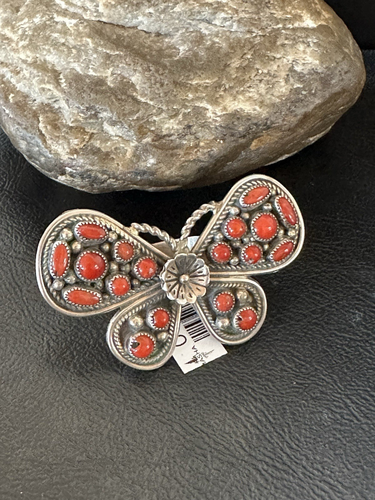 Red Coral Butterfly Sterling Silver Cluster Navajo Ring Size 8 00988
