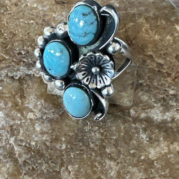 Yazzie Ring Blue Turquoise Navajo Cluster Size 9 | Sterling Silver | Authentic Native American Handmade | 19217