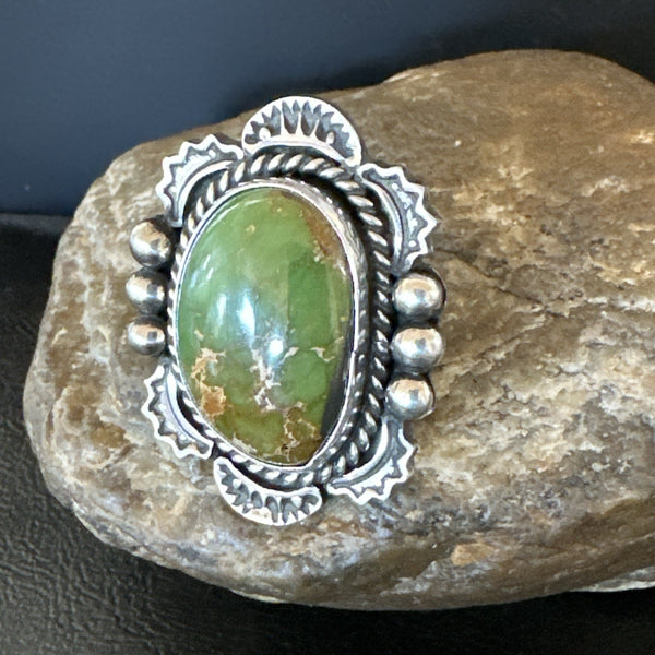 H Joe Women's Navajo Green Turquoise Ring Size 6.5 | Sterling Silver | Authentic Native American Handmade | 19358