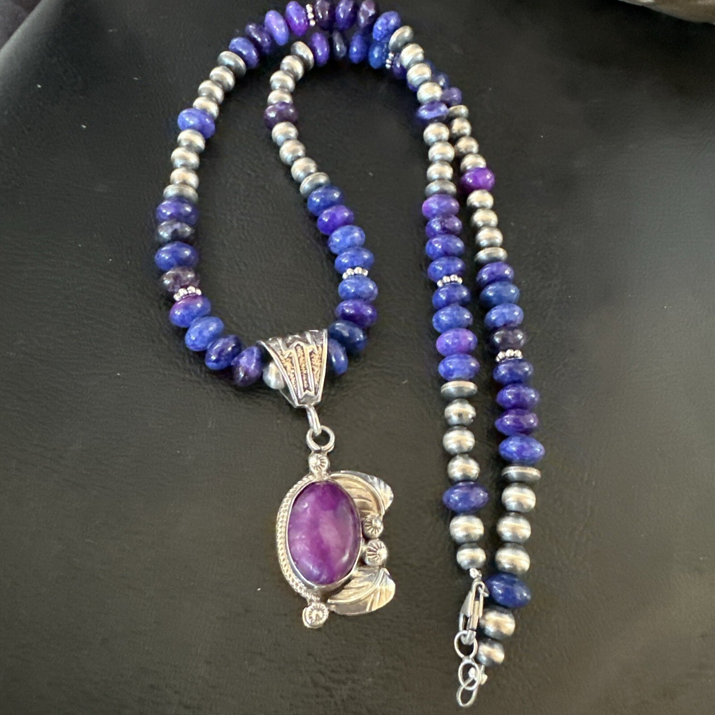 Purple Stone Pendant Navajo Pearls Sterling Silver Necklace 21” 18032