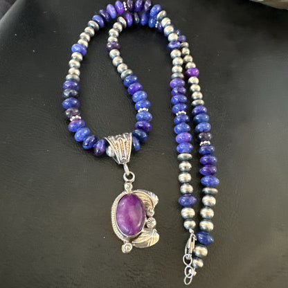 Purple Stone Pendant Navajo Pearls Sterling Silver Necklace 21” 18032