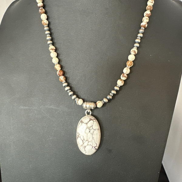 Men's Women's Wild Horse Turquoise Pendant Navajo Necklace | Sterling Silver | Authentic Native American Handmade | 19538