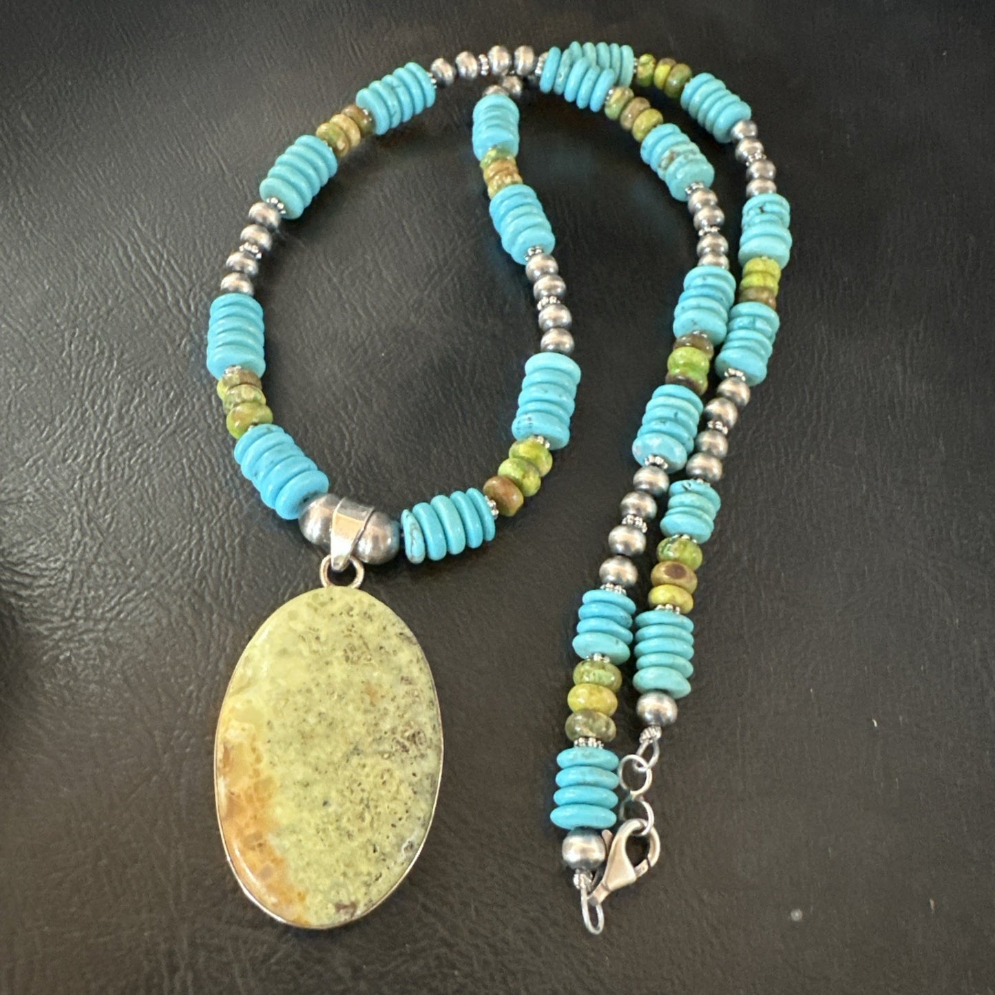 Green Gaspeite Pendant Blue Turquoise Navajo Sterling Silver Necklace 20" 19668