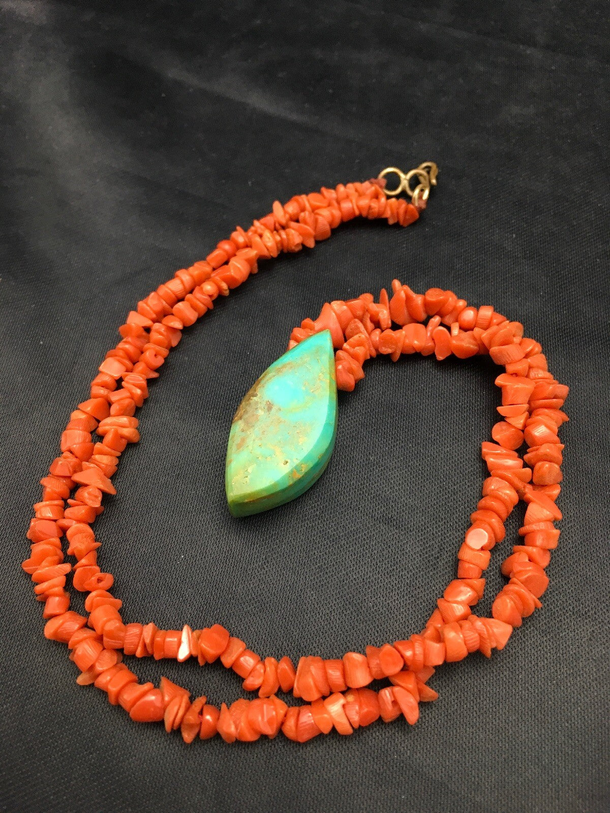 Native American Turquoise Pendant Coral Brass Old Pawn Necklace 19" 04005