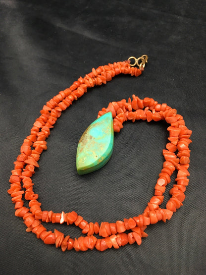 Native American Turquoise Pendant Coral Brass Old Pawn Necklace 19" 04005