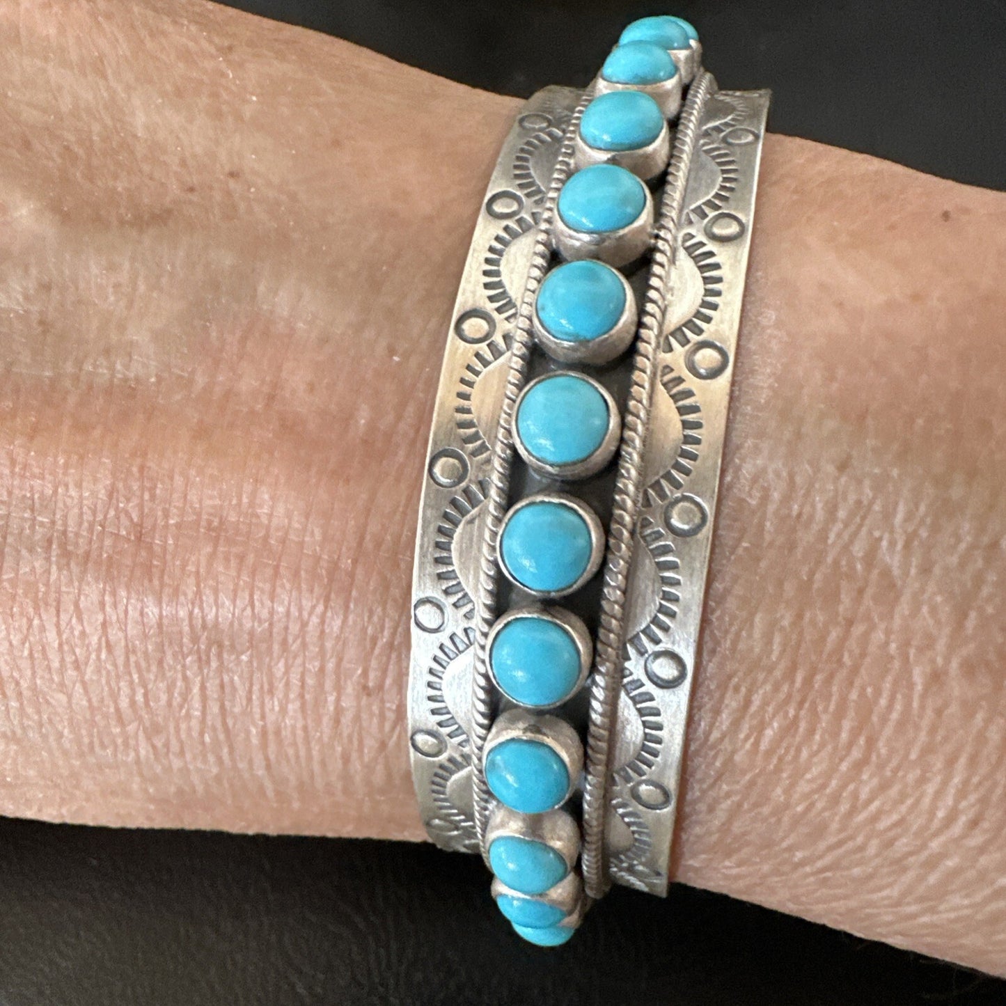 Mens Womens Kingman Turquoise Navajo Sterling Silver Cluster Cuff Bracelet 18865