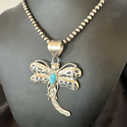 Navajo Dragonfly Blue Turquoise Sterling Silver Necklace Pendant 3" 18579