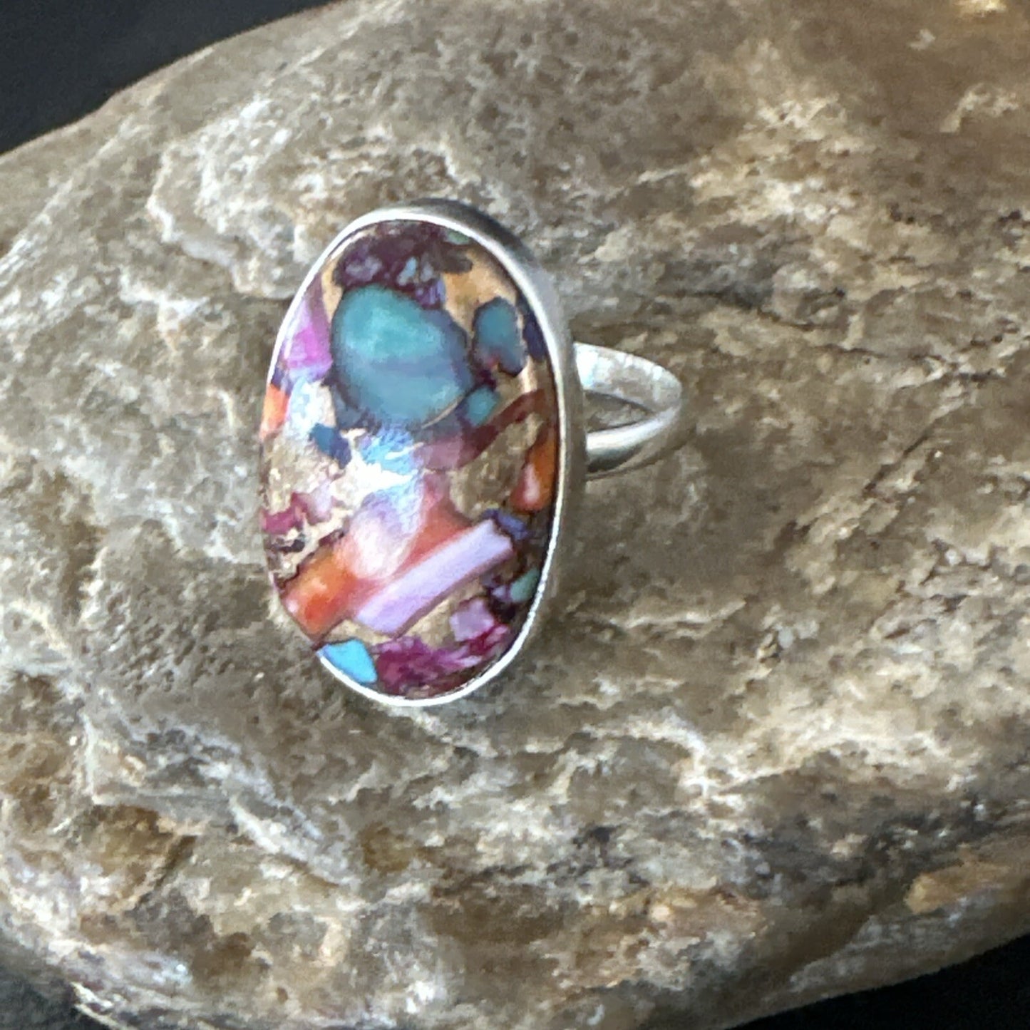 Blue Turquoise Spiny Oyster Southwestern Sterling Silver Ring Size 9 18539