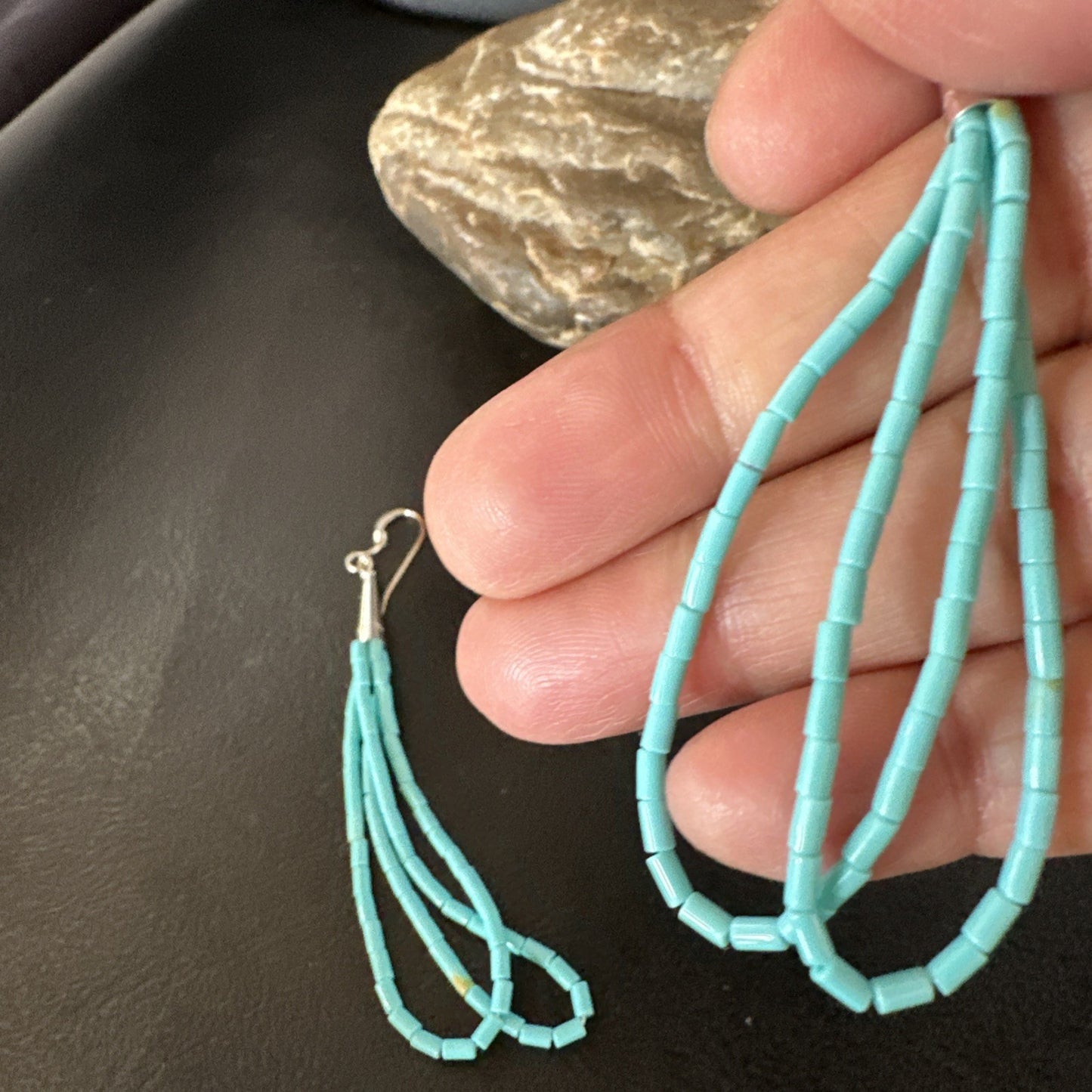New Blue Turquoise Heishi 2 Strand Dangle Sterling Silver Earrings 3” 19039