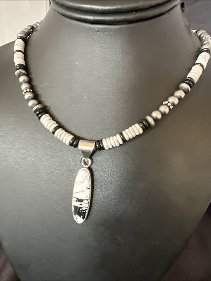 White Buffalo Turquoise Navajo Pearls Sterling Silver Onyx Necklace 17804
