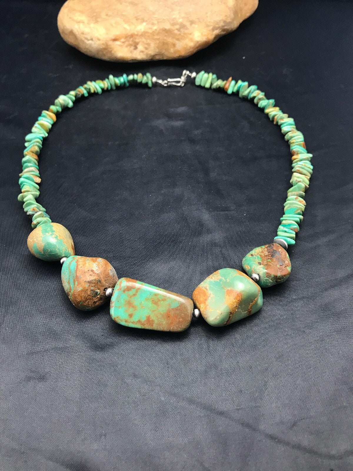 Chunky Green Nugget Turquoise Navajo Sterling Silver Necklace 23" 3216